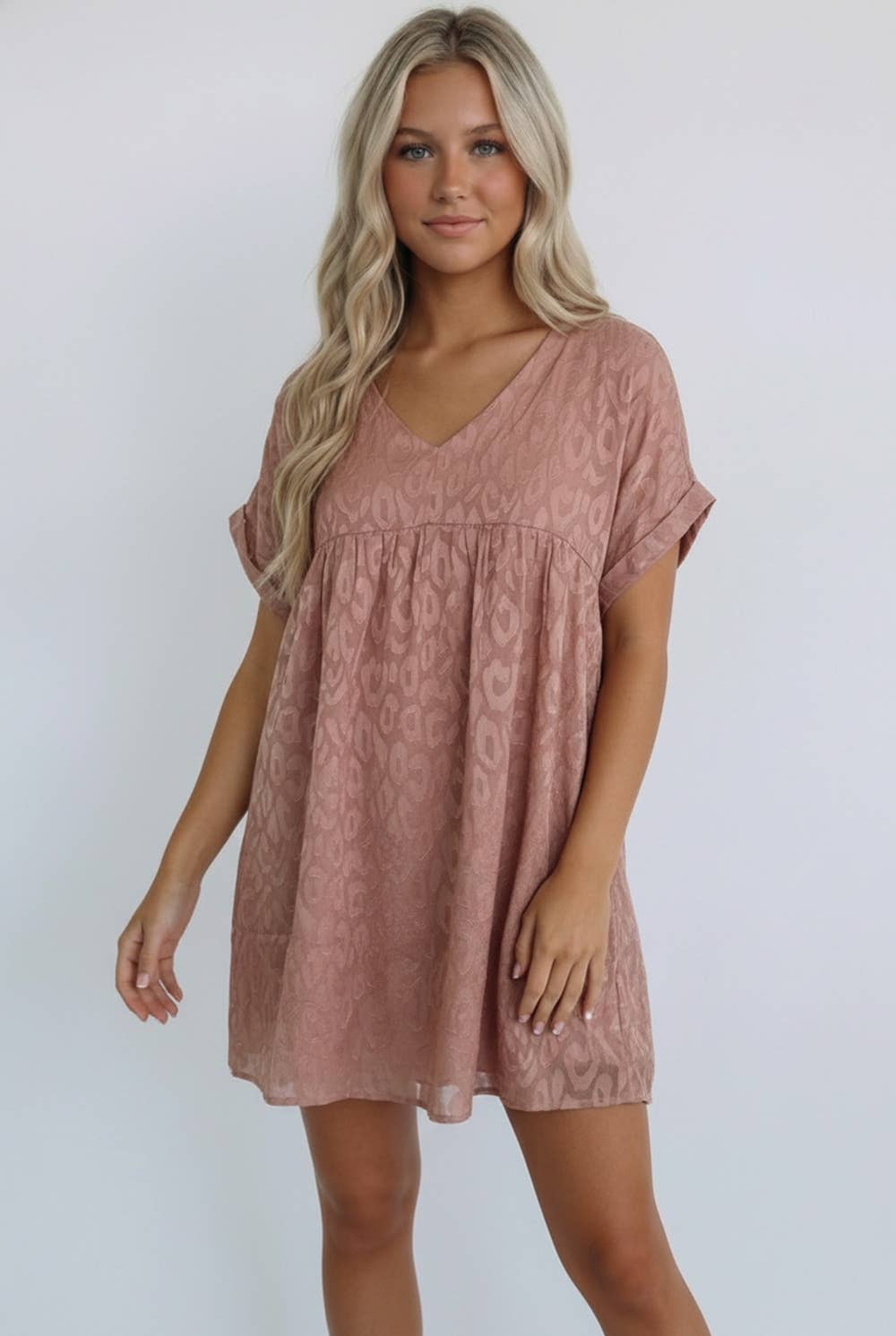 ANIMAL PRINT JACQUARD V NECK BABYDOLL DRESS