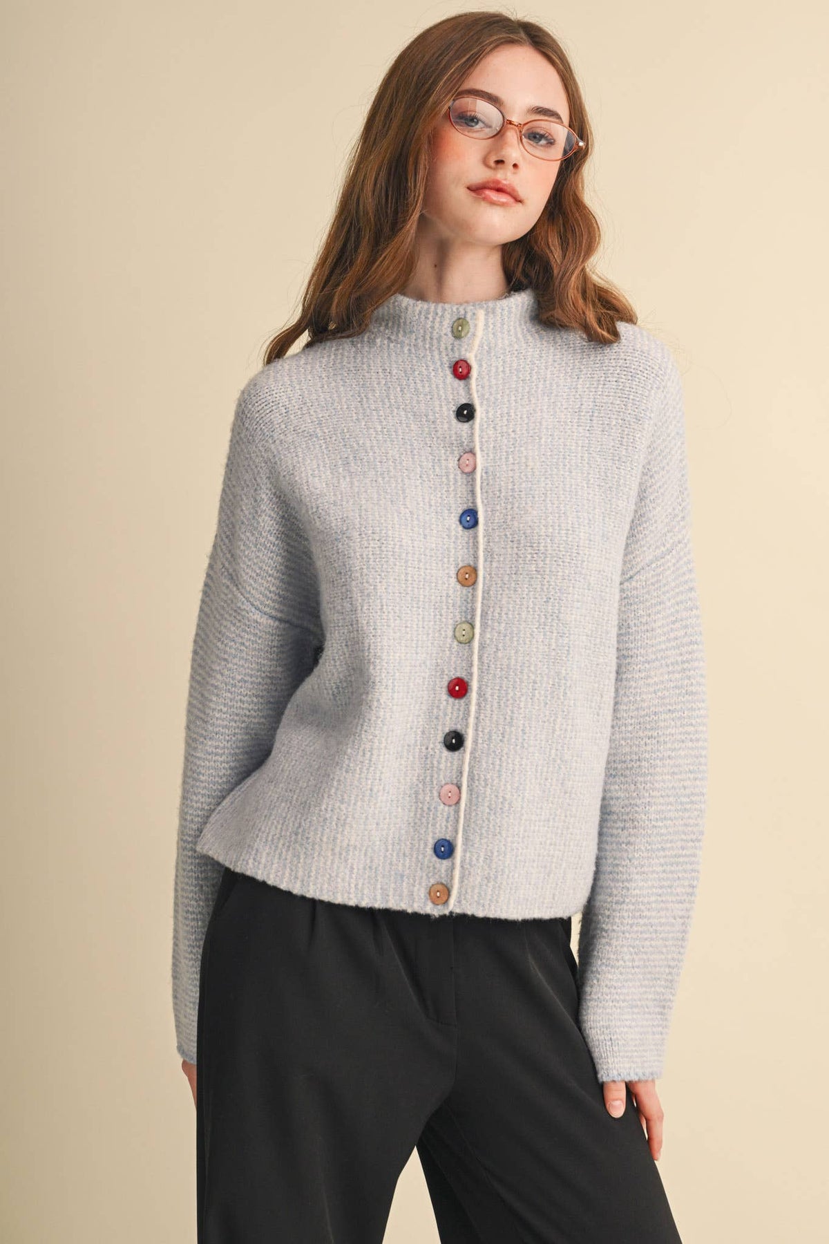 STRIPED SWEATER CARDIGAN WITH COLORFUL BUTTONS