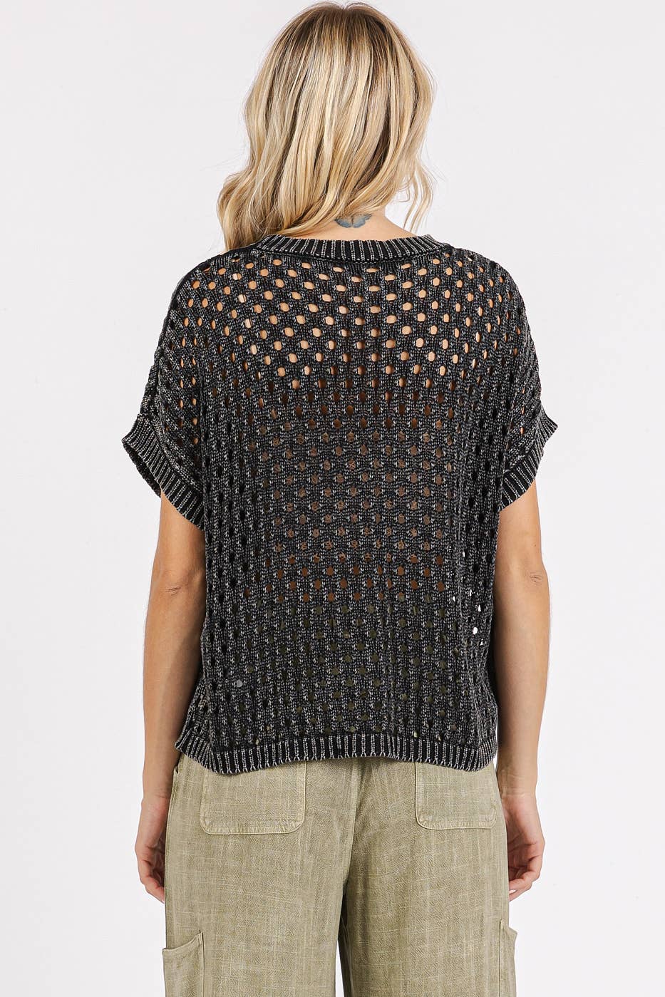 MINERAL WASH OPEN KNIT SHORT SLEEVE SWEATER TOP