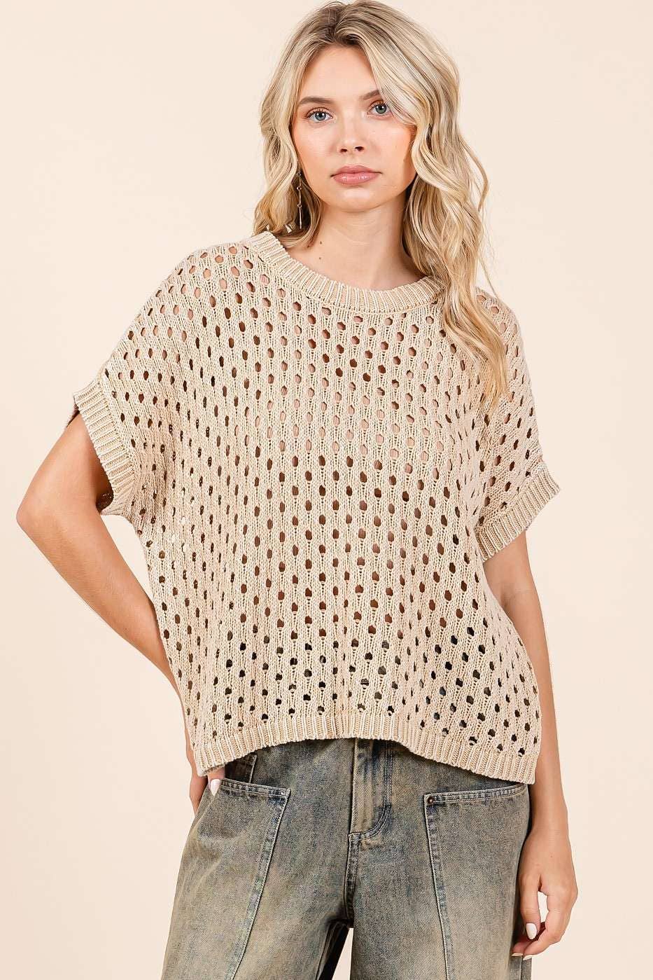 MINERAL WASH OPEN KNIT SHORT SLEEVE SWEATER TOP
