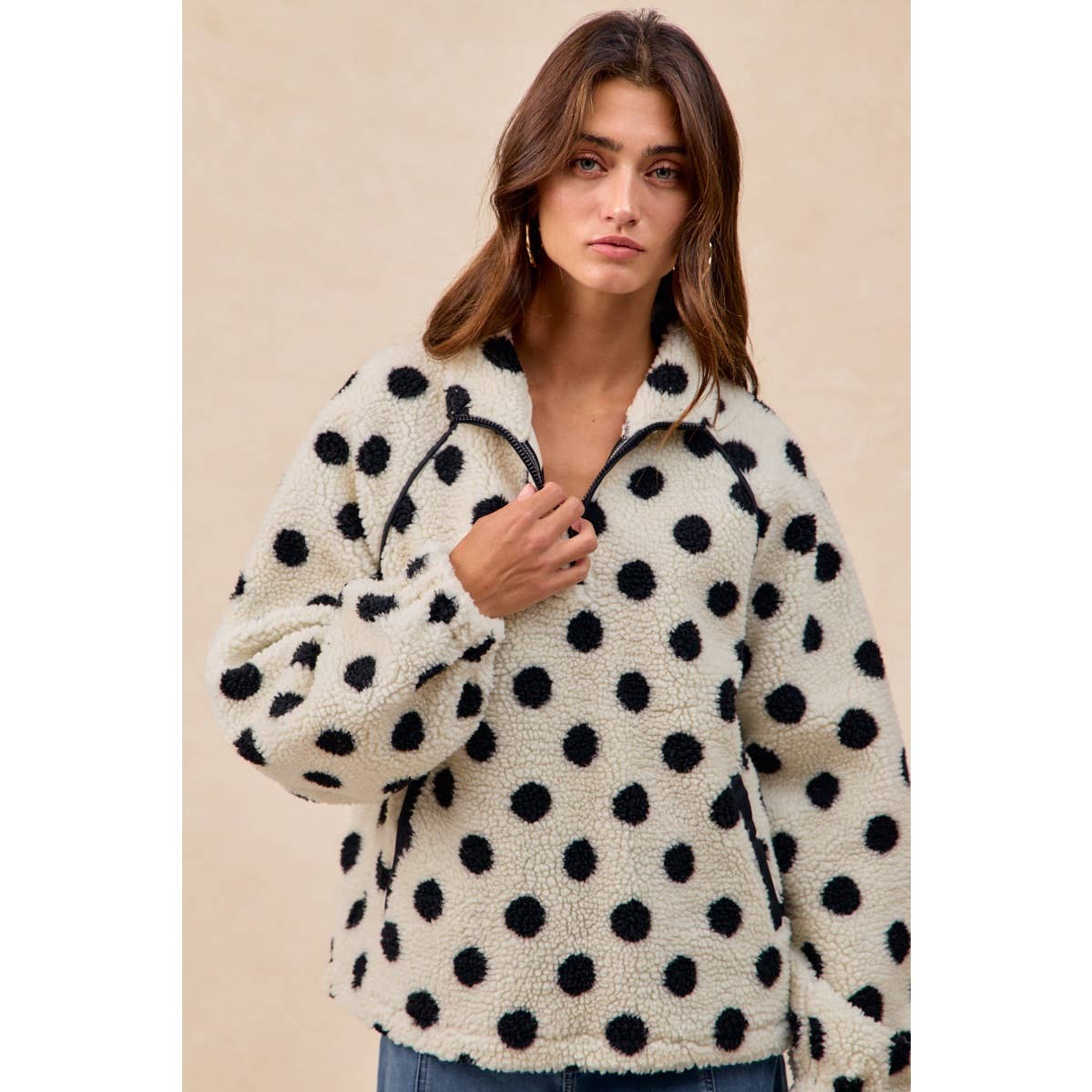 POLKA DOT SHERPA HALF ZIP UP TOP WITH SIDE POCKET