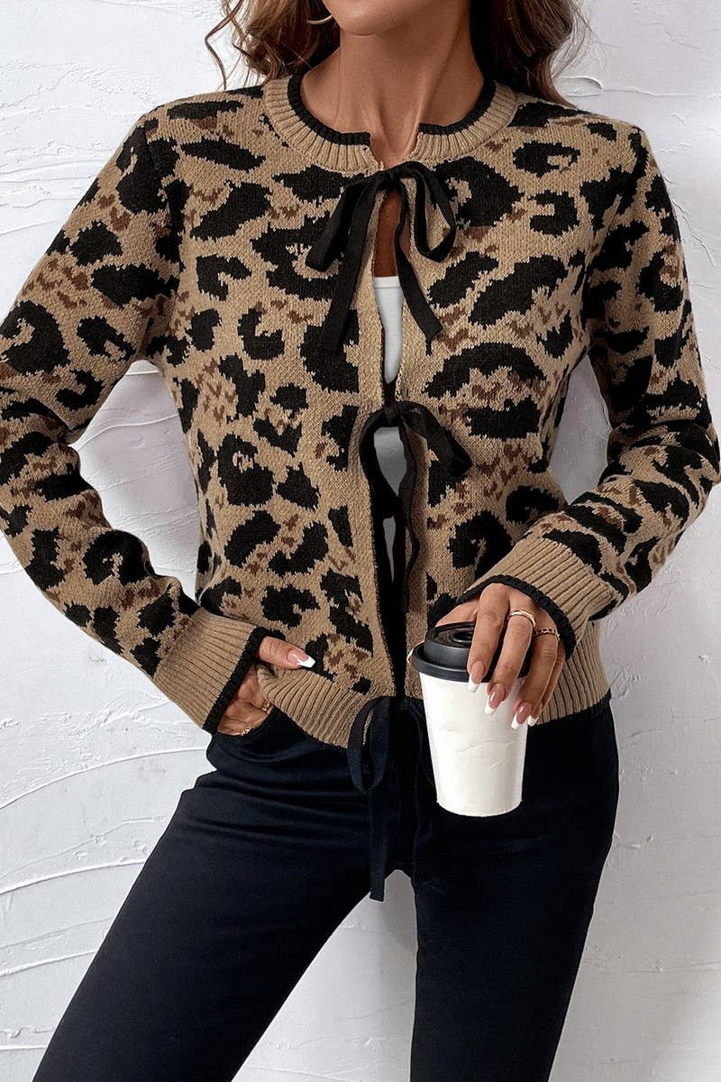 LEOPARD PRINT BOW TIE KNITTED SWEATER CARDIGAN