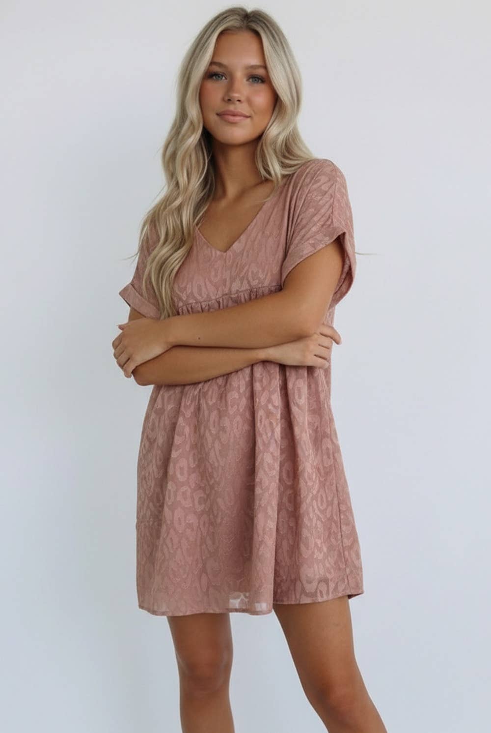 ANIMAL PRINT JACQUARD V NECK BABYDOLL DRESS