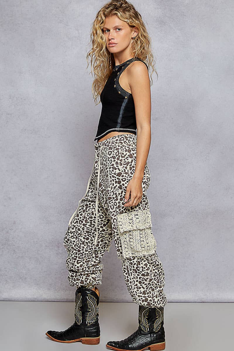 Tie waistband contrast crochet cargo pockets denim joggers