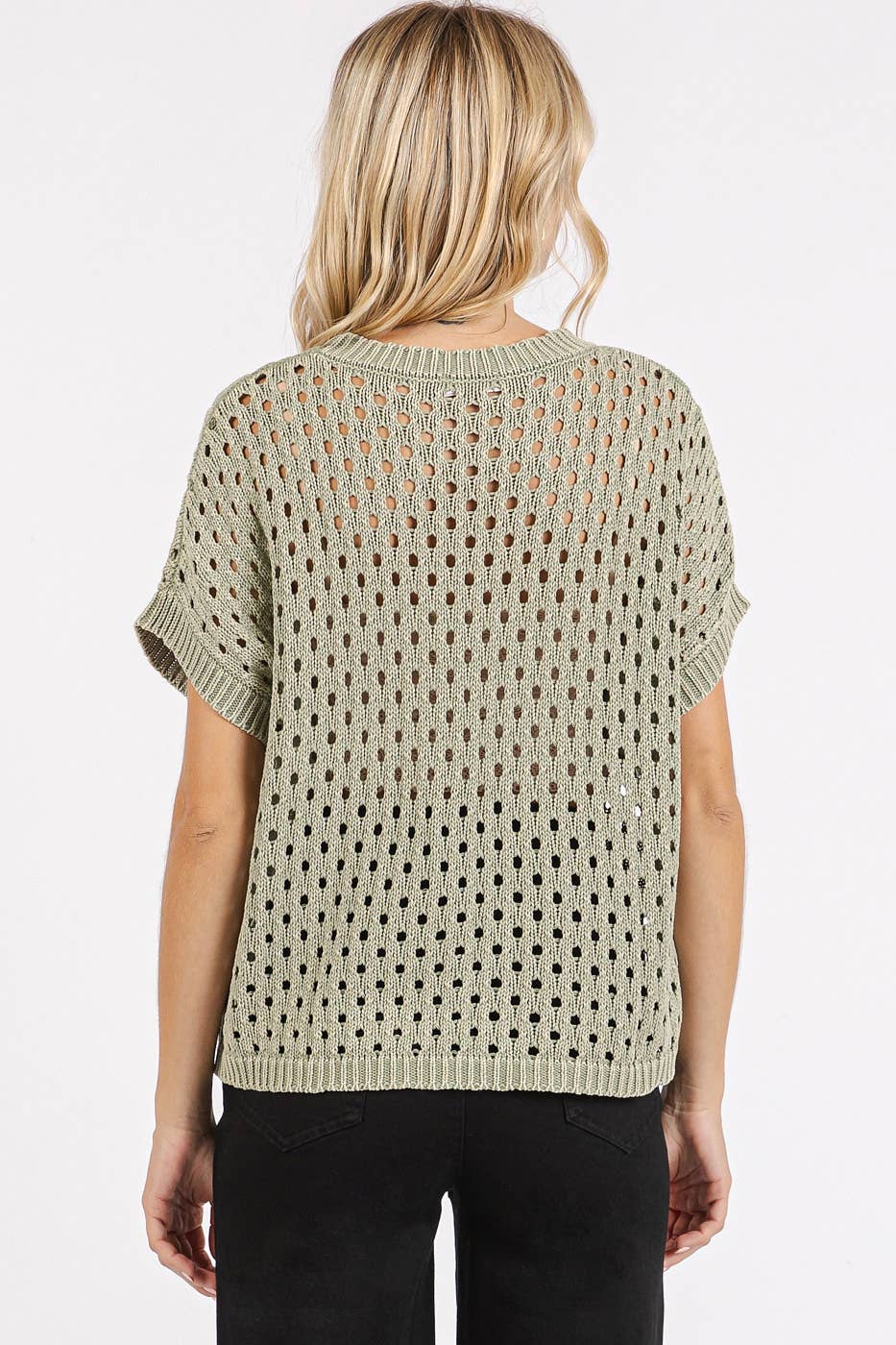 MINERAL WASH OPEN KNIT SHORT SLEEVE SWEATER TOP