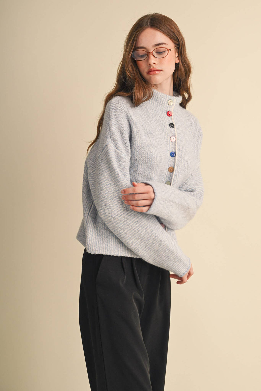 STRIPED SWEATER CARDIGAN WITH COLORFUL BUTTONS