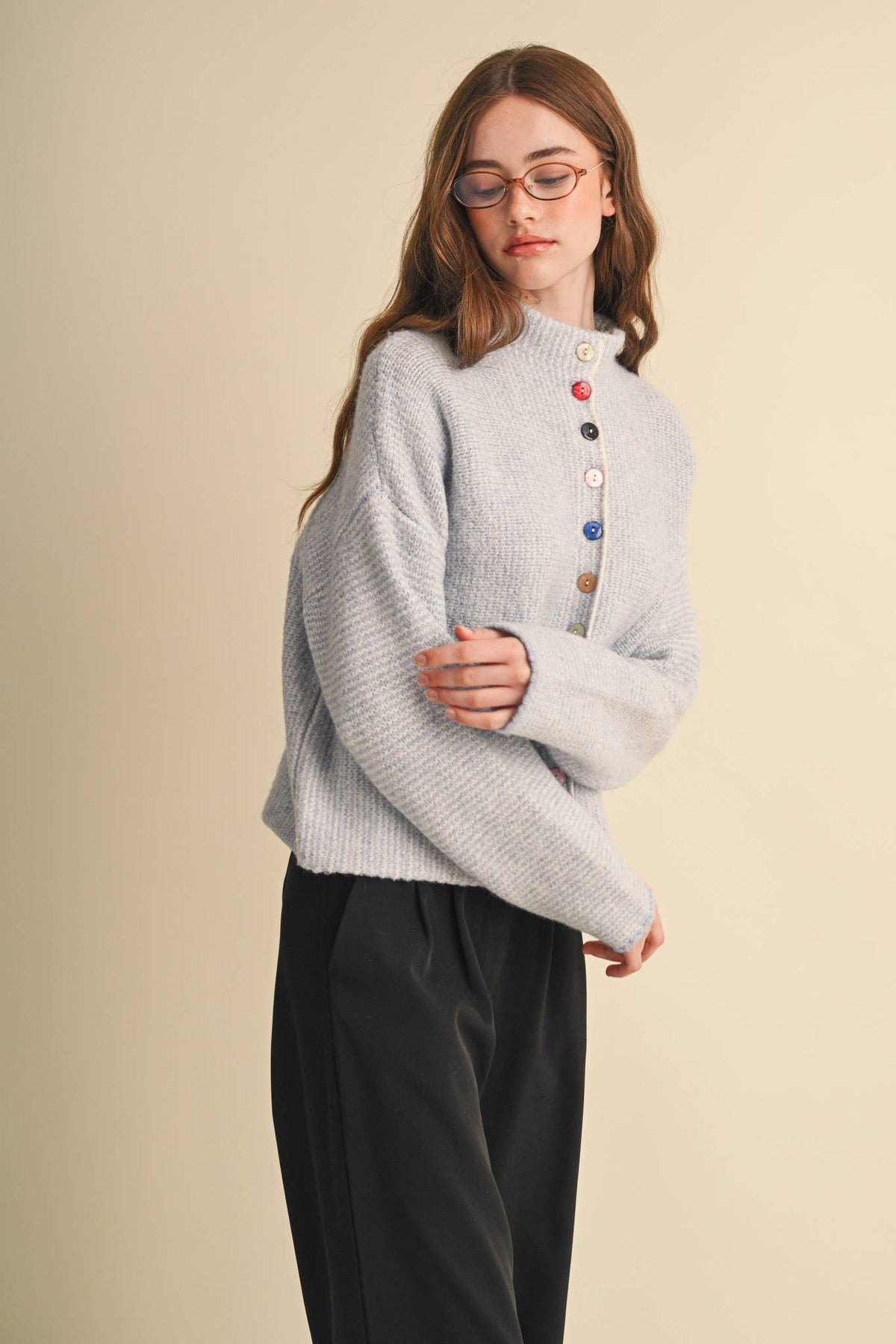 STRIPED SWEATER CARDIGAN WITH COLORFUL BUTTONS