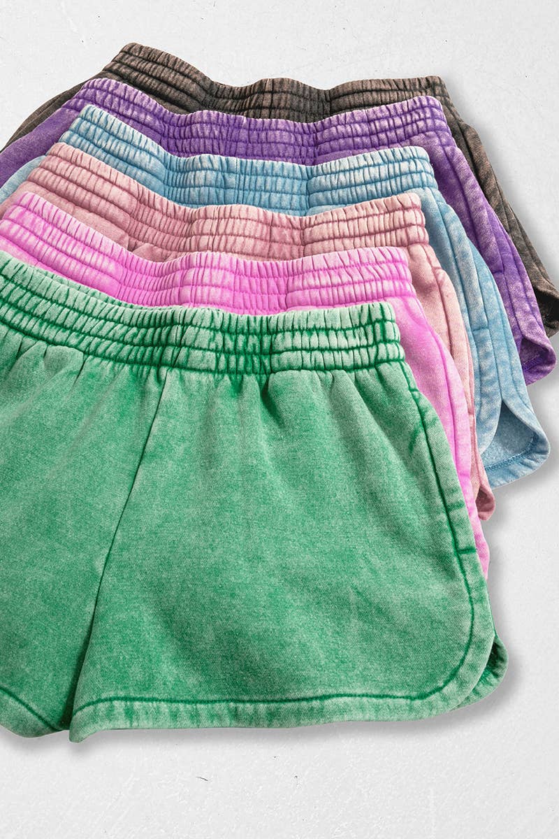 .Acid Wash Elastic Waistband Fleece Shorts