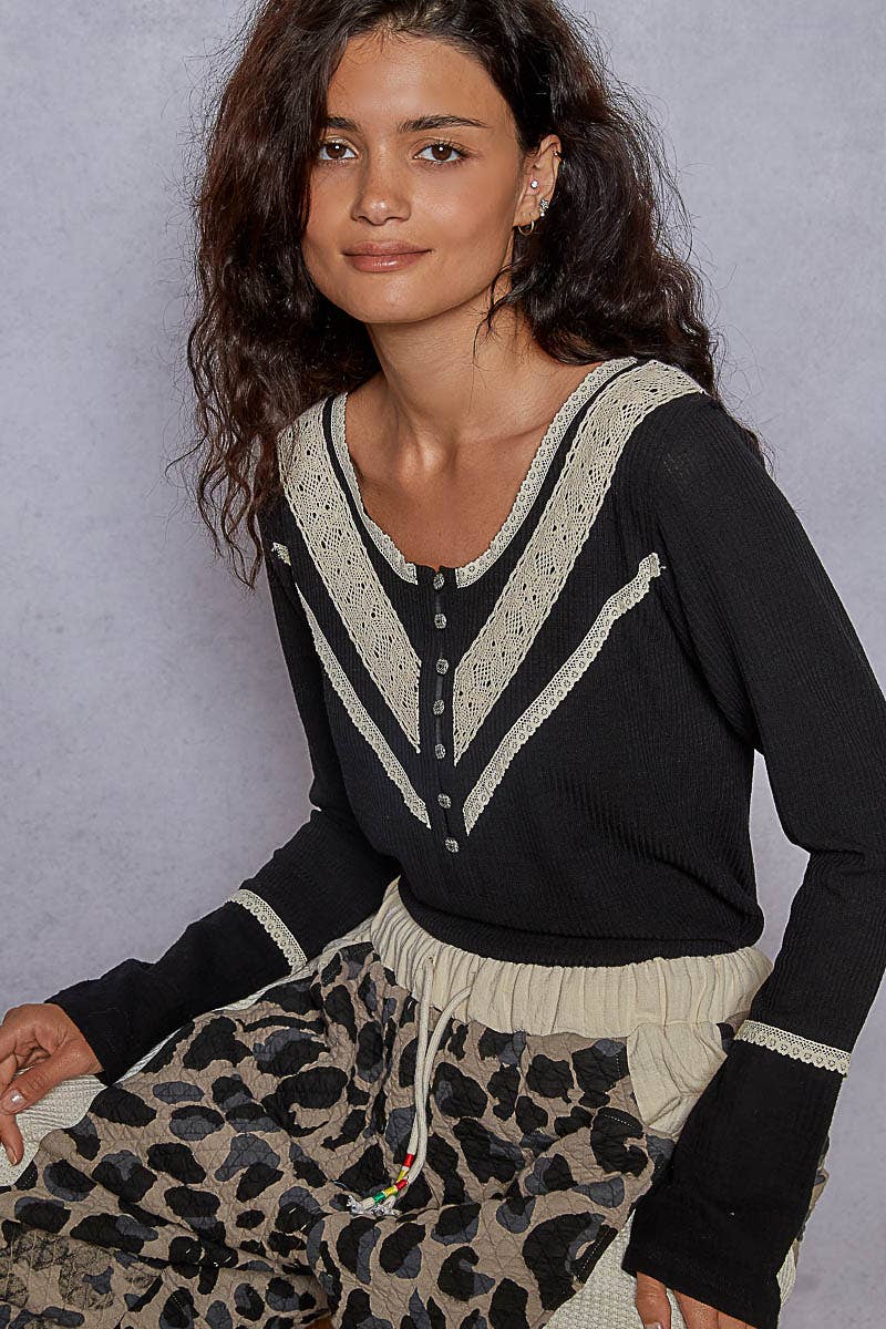 Long sleeve double gauze solid knit rib top