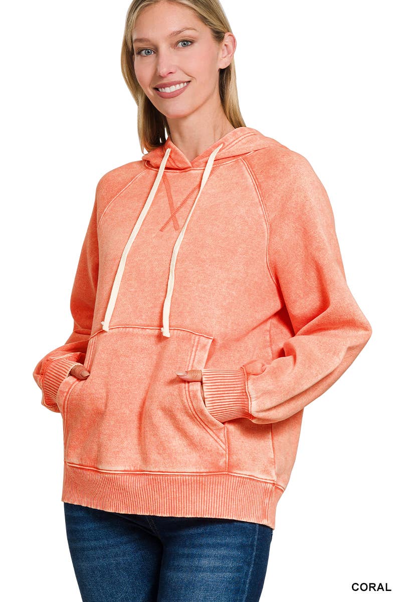Acid Wash Fleece Hoodie With Pockets