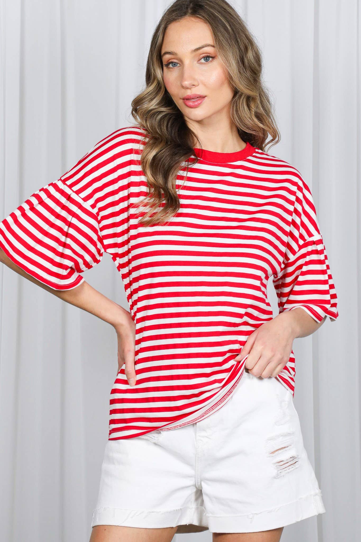 Pleated Flutter Sleeve Crew Neck Striped Knit Top