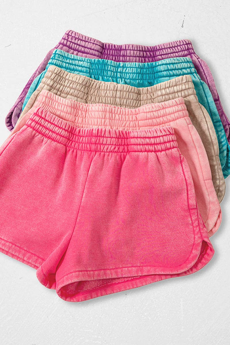 .Acid Wash Elastic Waistband Fleece Shorts