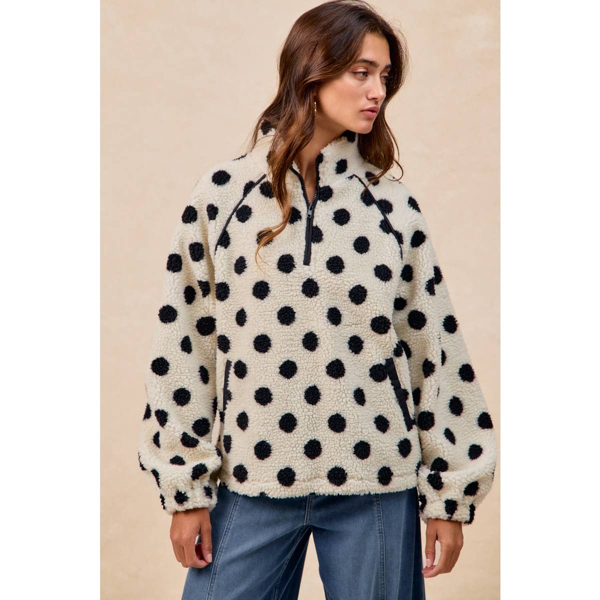 POLKA DOT SHERPA HALF ZIP UP TOP WITH SIDE POCKET