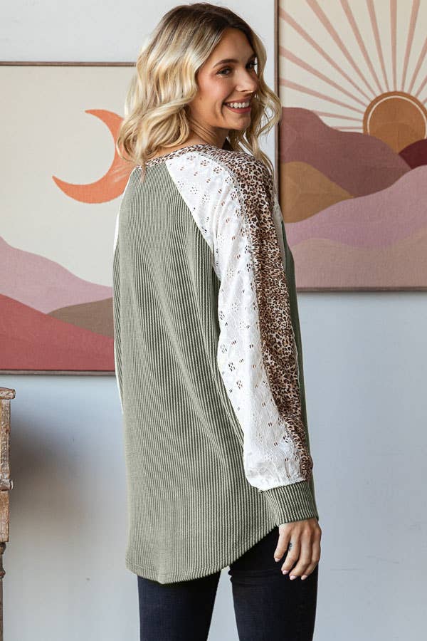 Color Block Animal Contrast Button Front Pullover Top